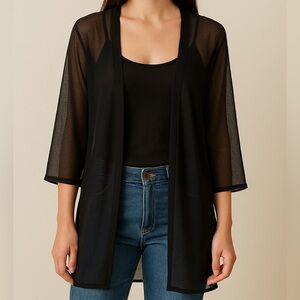 Vintage Sheer Black Wool Duster Lightweight Open Front Layer Cardigan